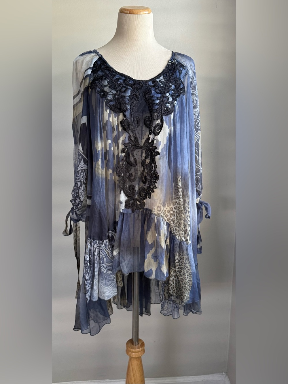 Navy and Cream Mixed-Print Lace Appliqué Tunic